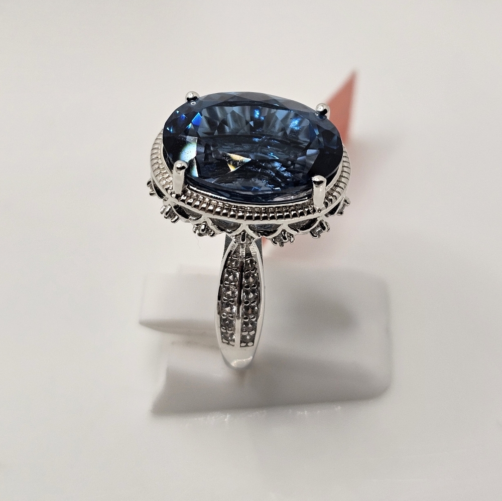 Natural London Blue Topaz & Diamond Ring in Sterling Silver & Rhodium Size 7! - Picture 8 of 16